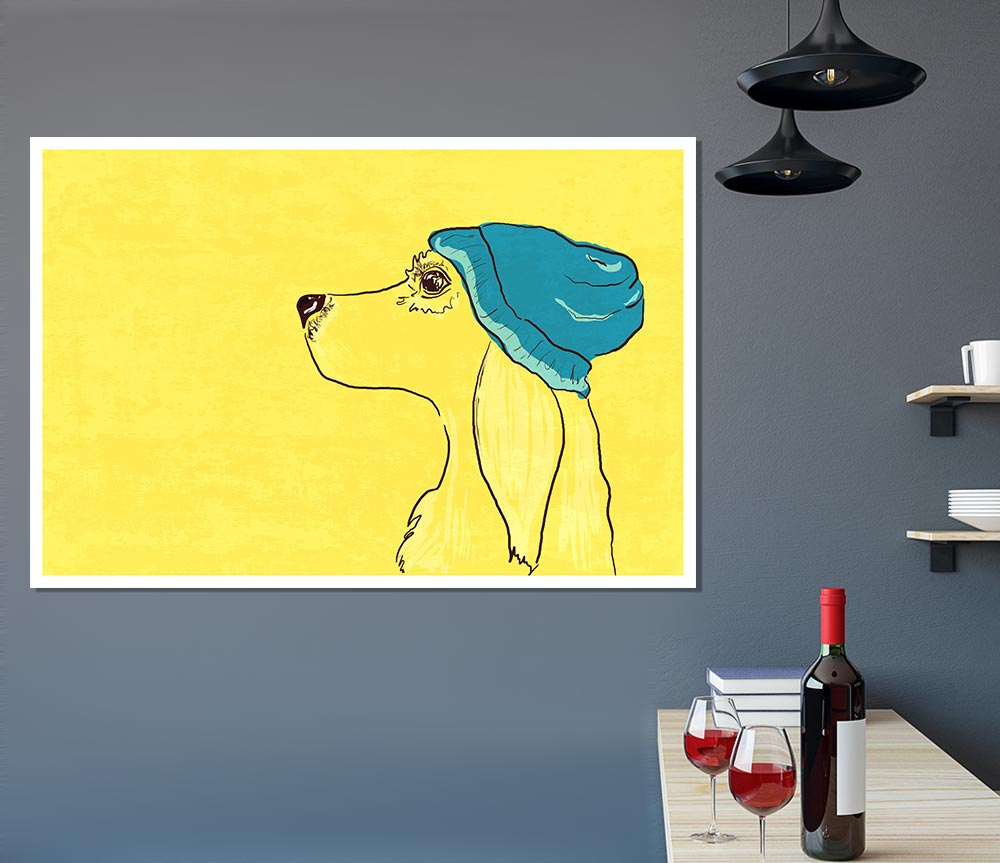 Yellow Dog With Blue Hat Print Poster Wall Art