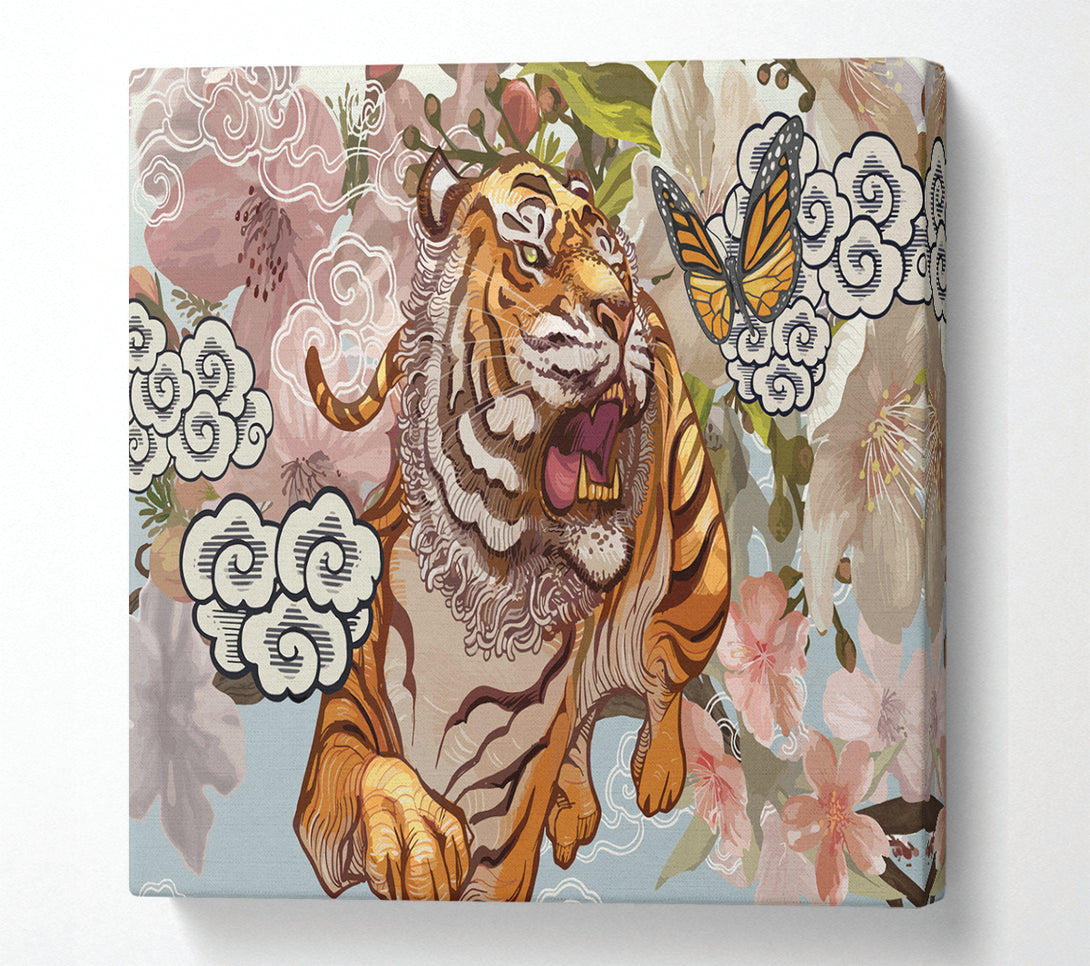 A Square Canvas Print Showing The Tiger Floral Square Wall Art