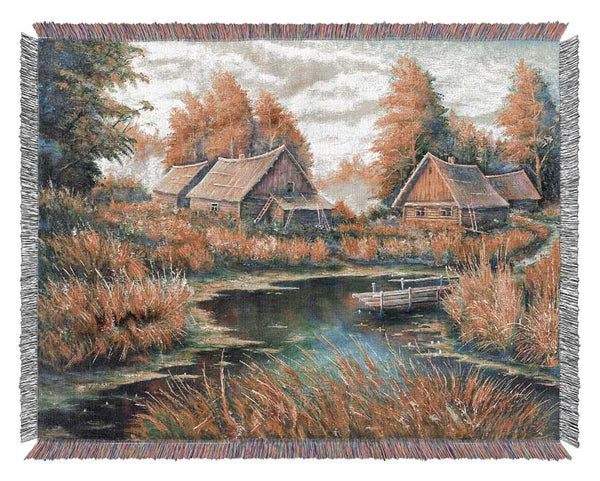 Countryside Cabins On The Lake Woven Blanket