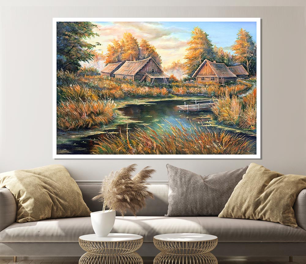 Countryside Cabins On The Lake Print Poster Wall Art