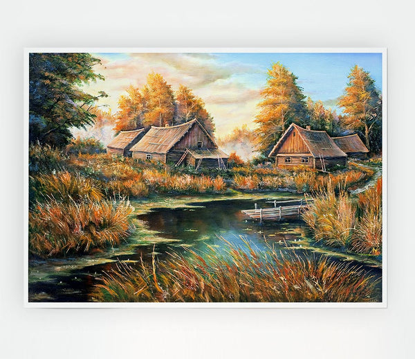 Countryside Cabins On The Lake Print Poster Wall Art