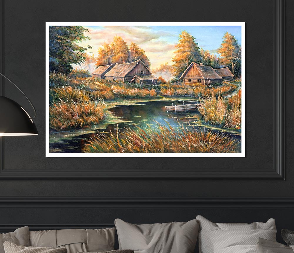 Countryside Cabins On The Lake Print Poster Wall Art