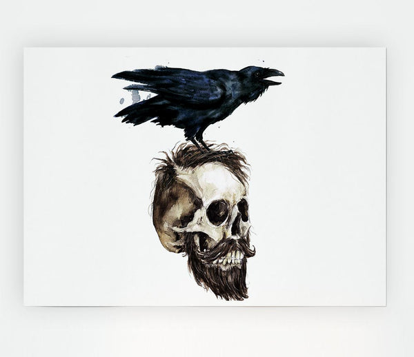 Crow On The Head Of A Skull Print Poster Wall Art