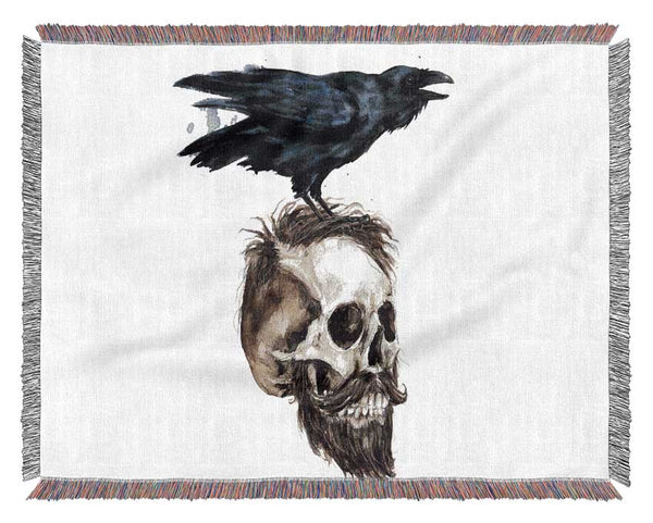 Crow On The Head Of A Skull Woven Blanket