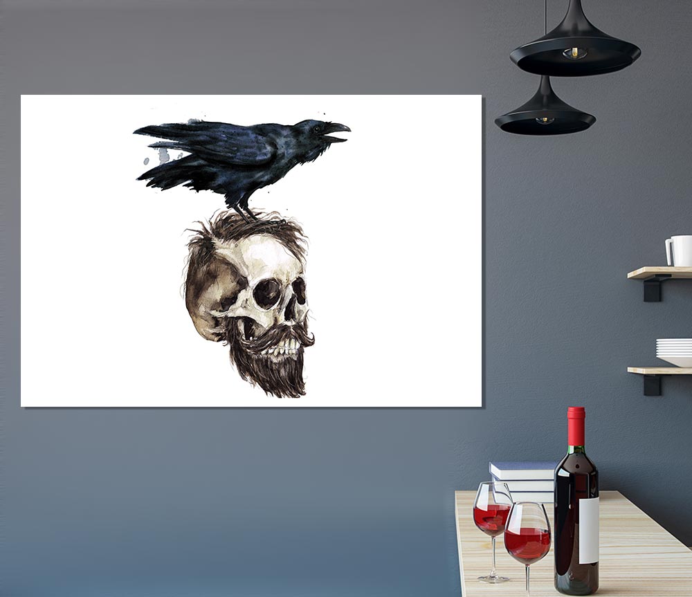 Crow On The Head Of A Skull Print Poster Wall Art