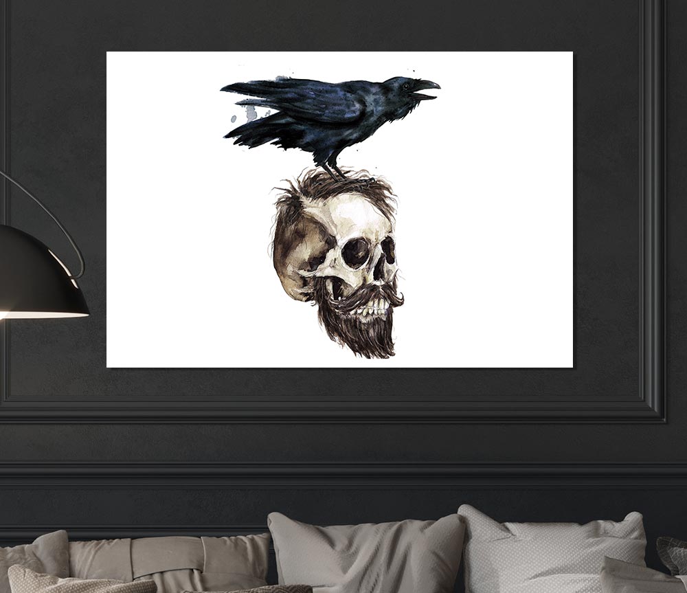 Crow On The Head Of A Skull Print Poster Wall Art