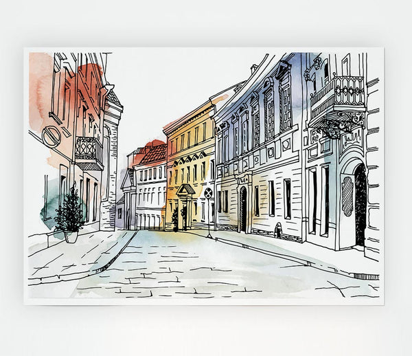 Watercolour Village Sketch Print Poster Wall Art