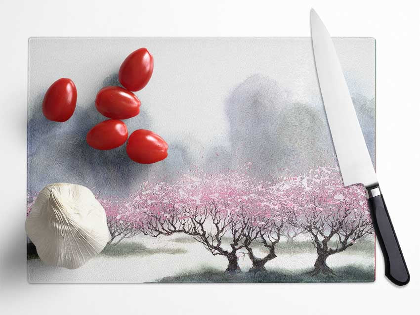 Pink Blossom Dusk Glass Chopping Board