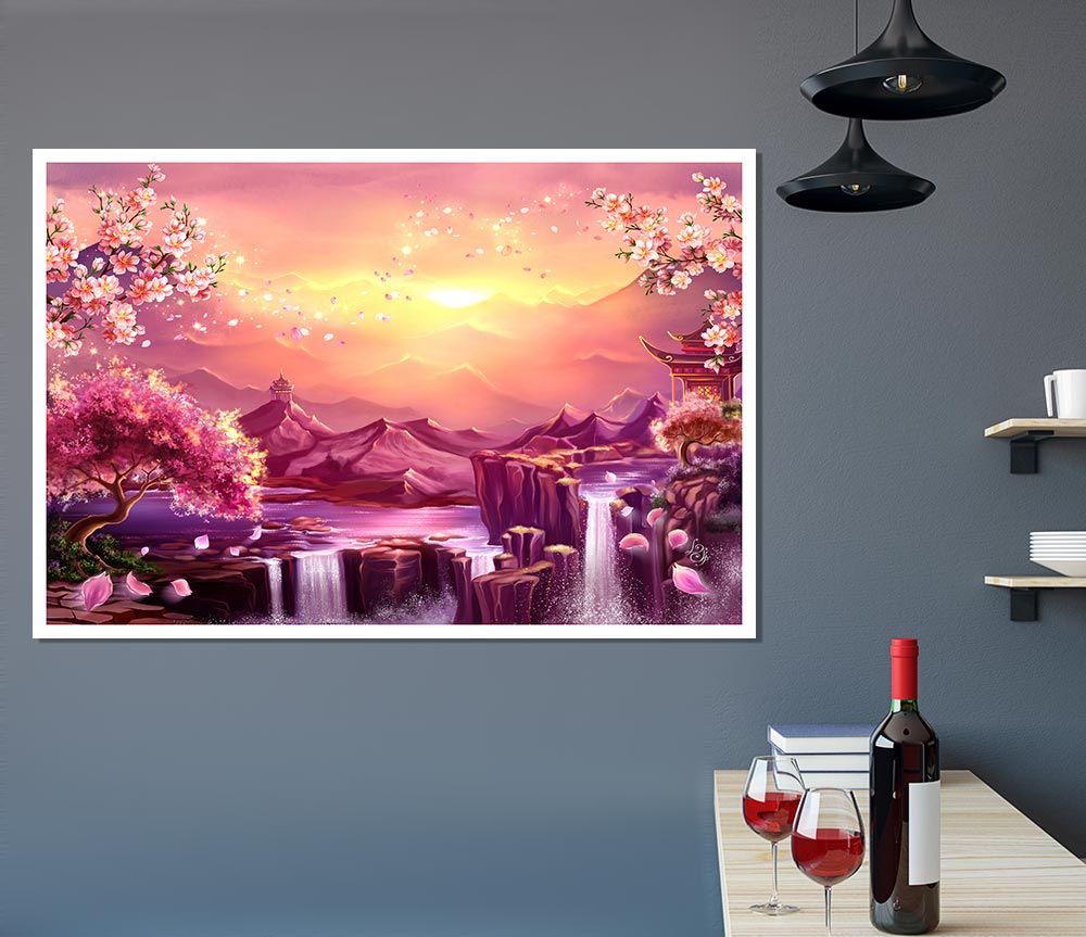 Beautiful Pink Blossom Waterfall Print Poster Wall Art