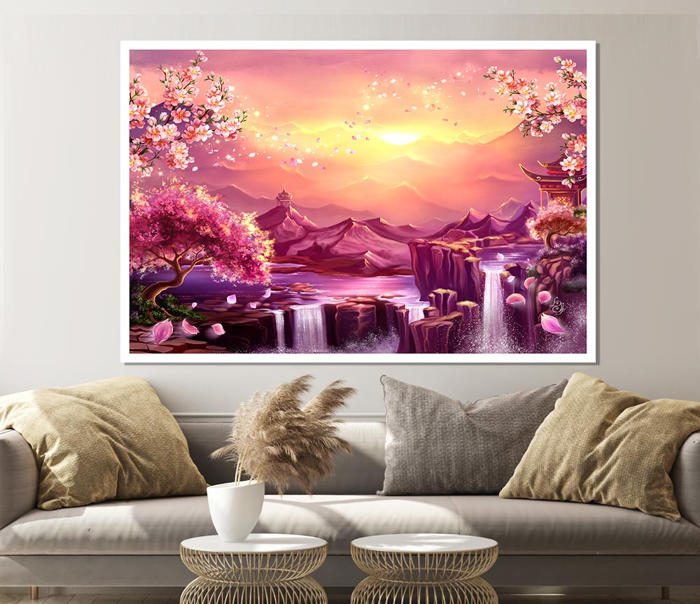 Beautiful Pink Blossom Waterfall Print Poster Wall Art