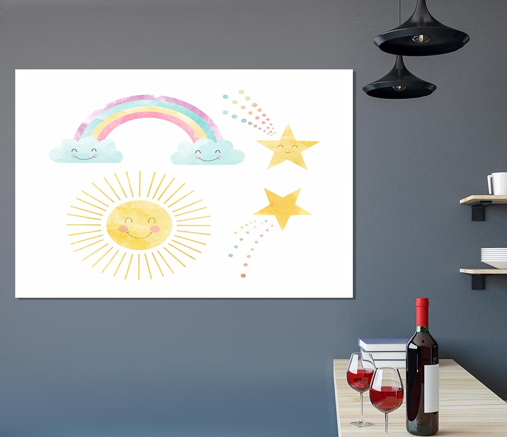 Happy Rainbow And Clouds Print Poster Wall Art