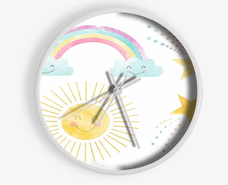 Happy Rainbow And Clouds Clock - Wallart-Direct UK