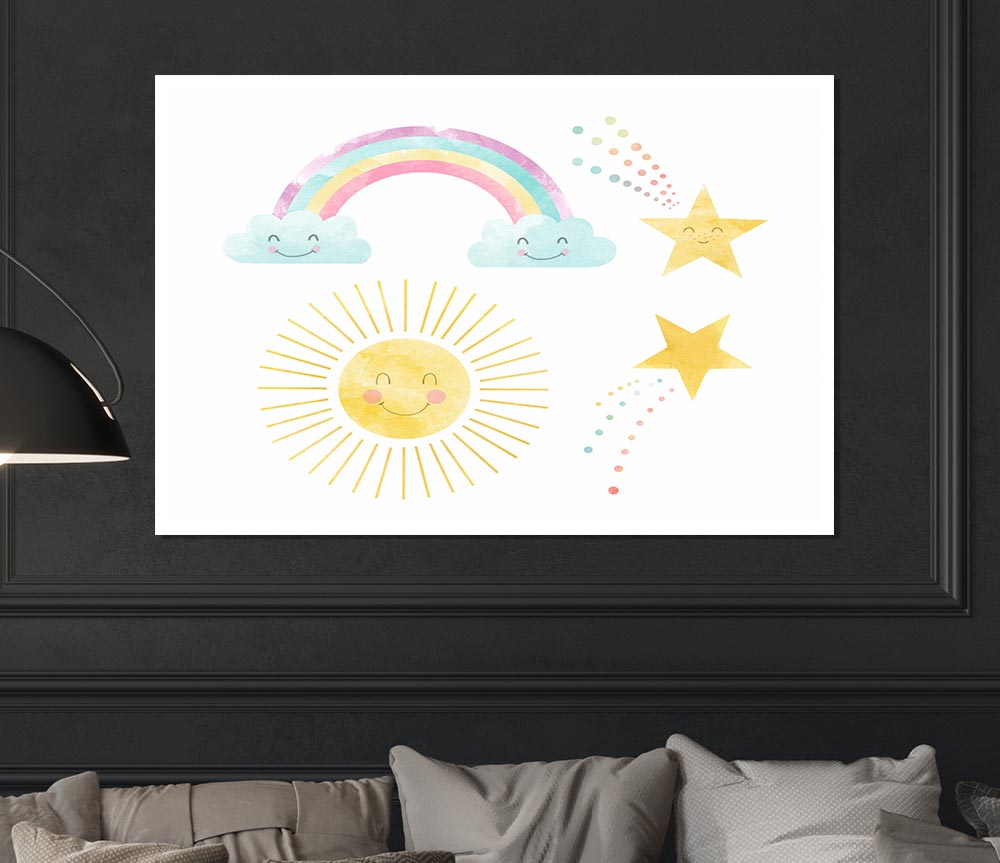 Happy Rainbow And Clouds Print Poster Wall Art