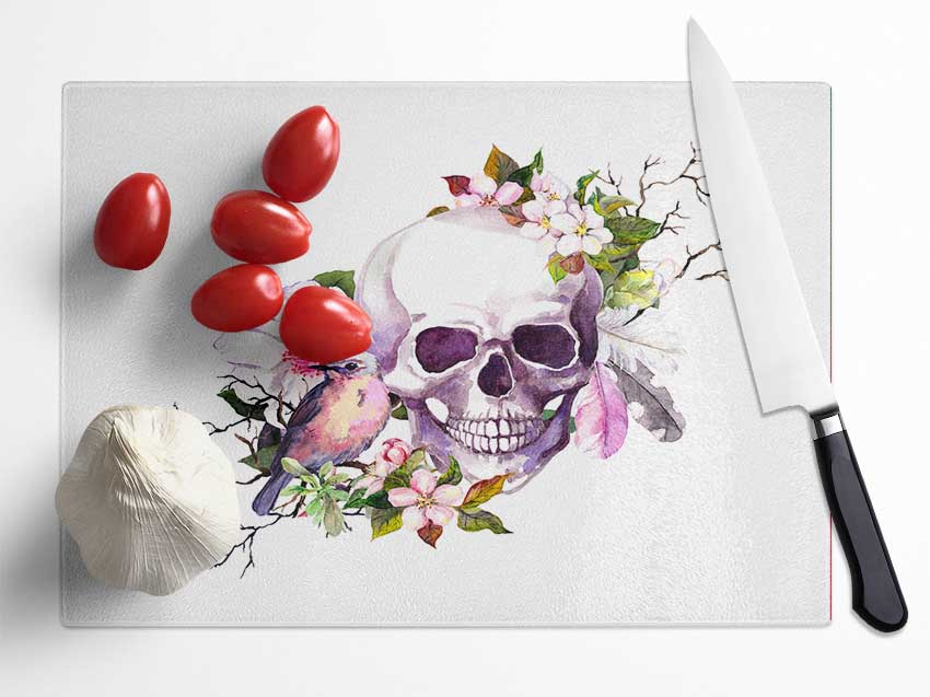 Skull Flowers And Bird Glass Chopping Board