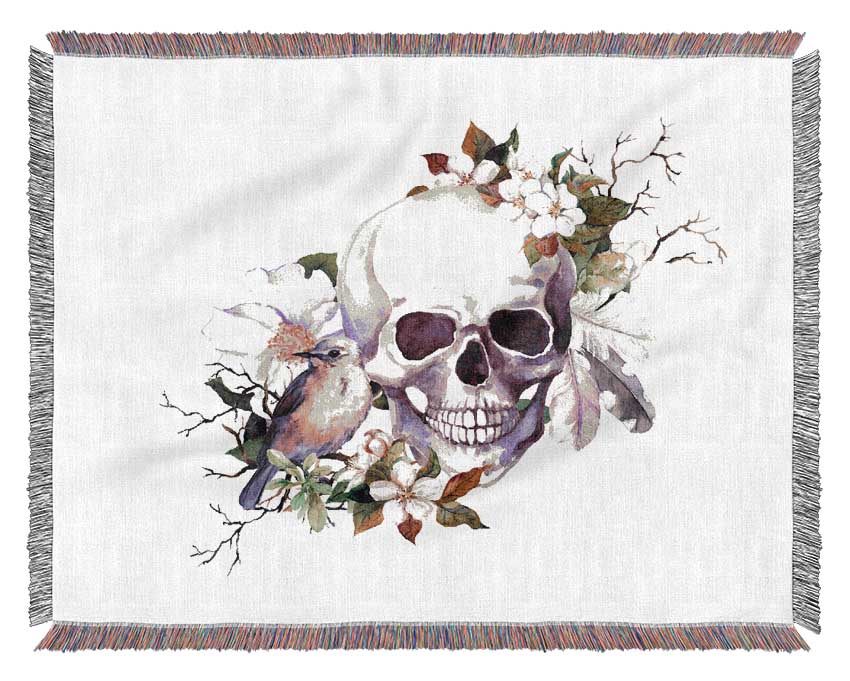 Skull Flowers And Bird Woven Blanket