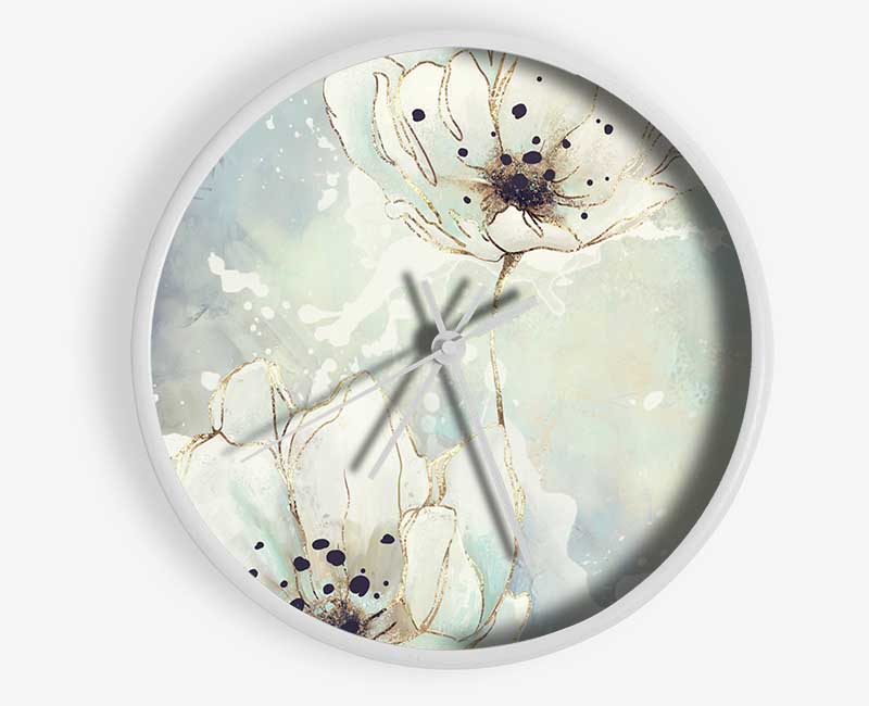 White Flowers In Abstract Clock - Wallart-Direct UK