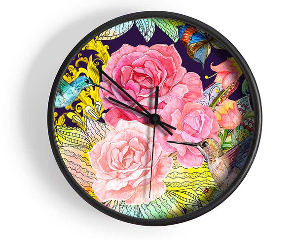 Hummingbird Flowers Dark Clock - Wallart-Direct UK