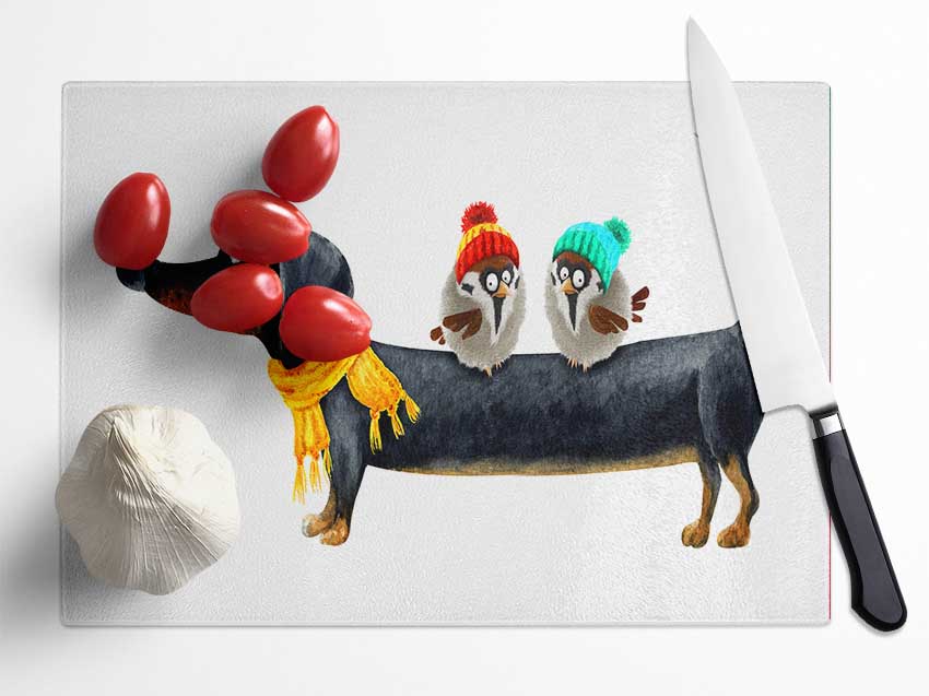 Sausage Dog Birds Glass Chopping Board