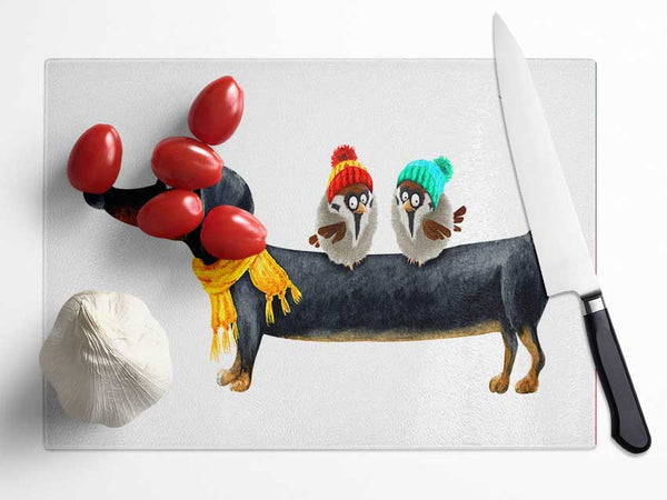 Sausage Dog Birds Glass Chopping Board