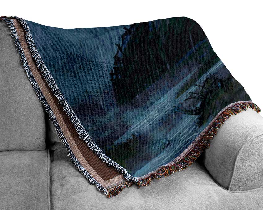 Spaceship In The Rain Woven Blanket