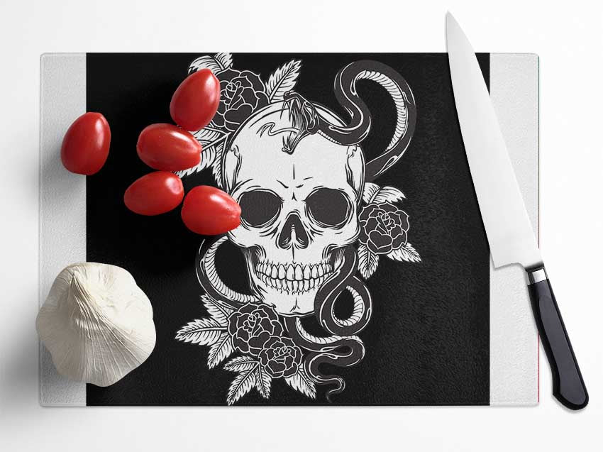 Skull Snake And Flowers Glass Chopping Board