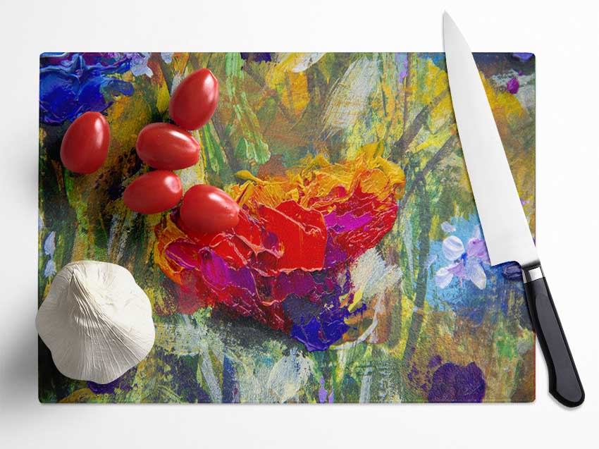 Red Flower Abstract Paints Glass Chopping Board