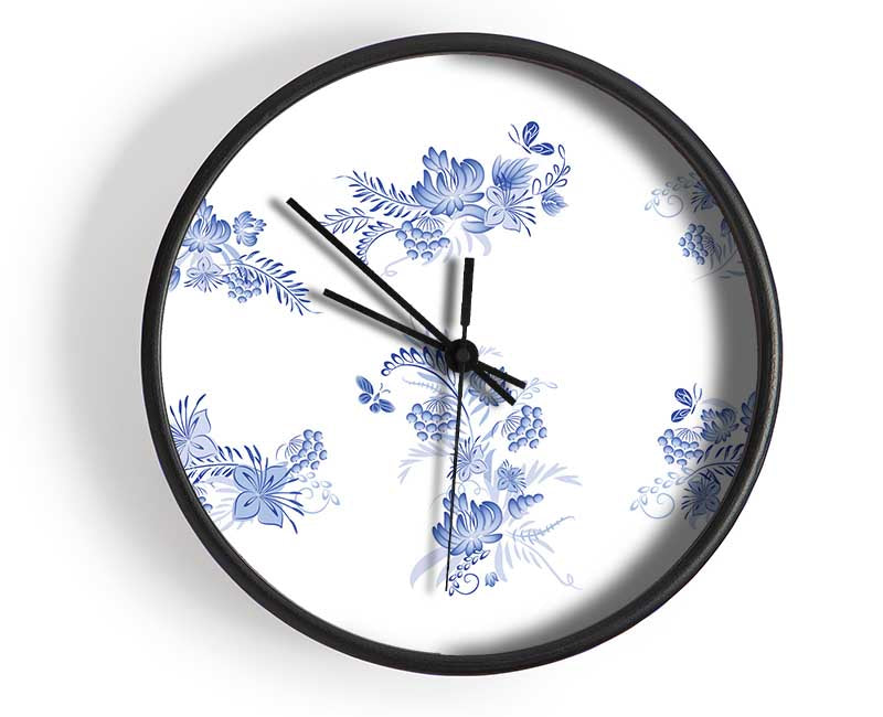 Blue Flowers On White Clock - Wallart-Direct UK