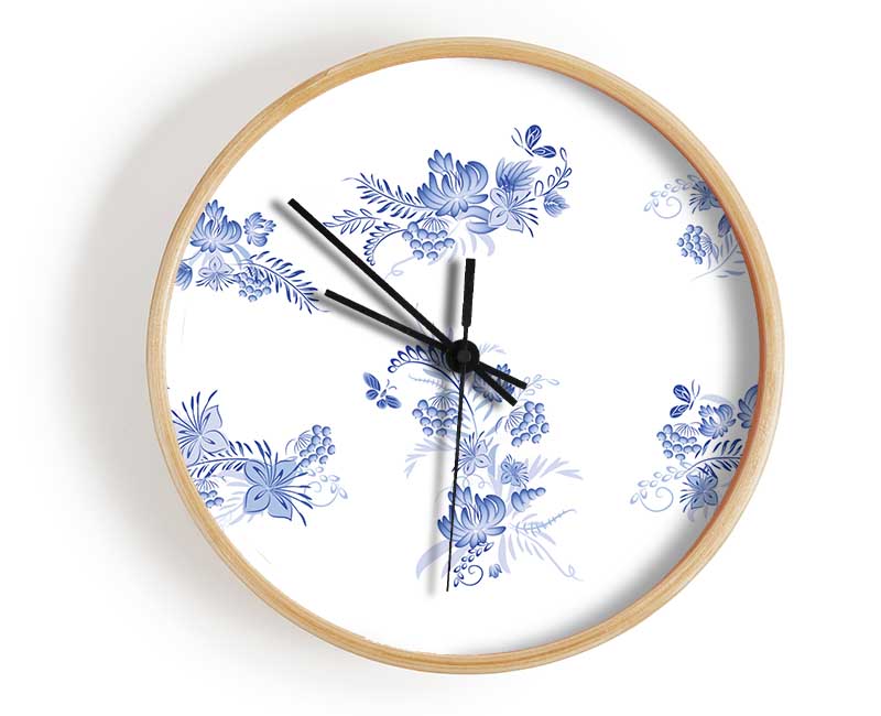 Blue Flowers On White Clock - Wallart-Direct UK