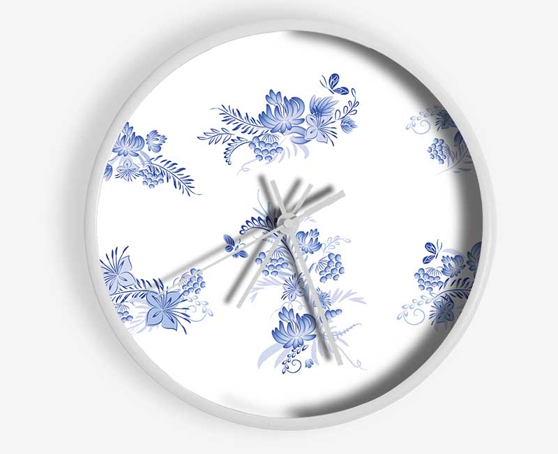 Blue Flowers On White Clock - Wallart-Direct UK