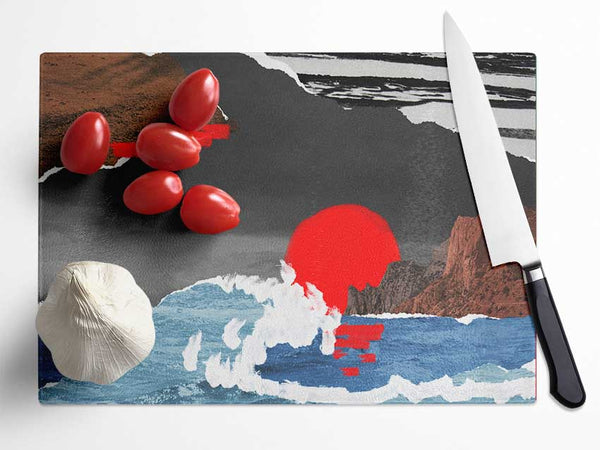 Cut Out Mountain Ocean Red Sun Glass Chopping Board