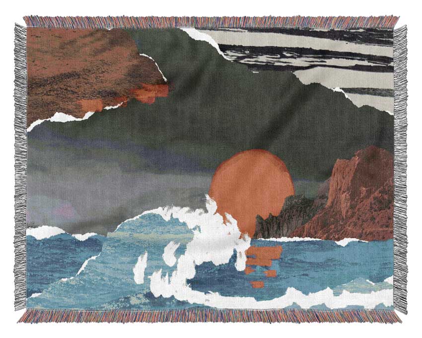 Cut Out Mountain Ocean Red Sun Woven Blanket