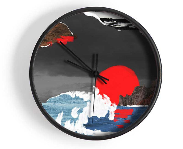 Cut Out Mountain Ocean Red Sun Clock - Wallart-Direct UK