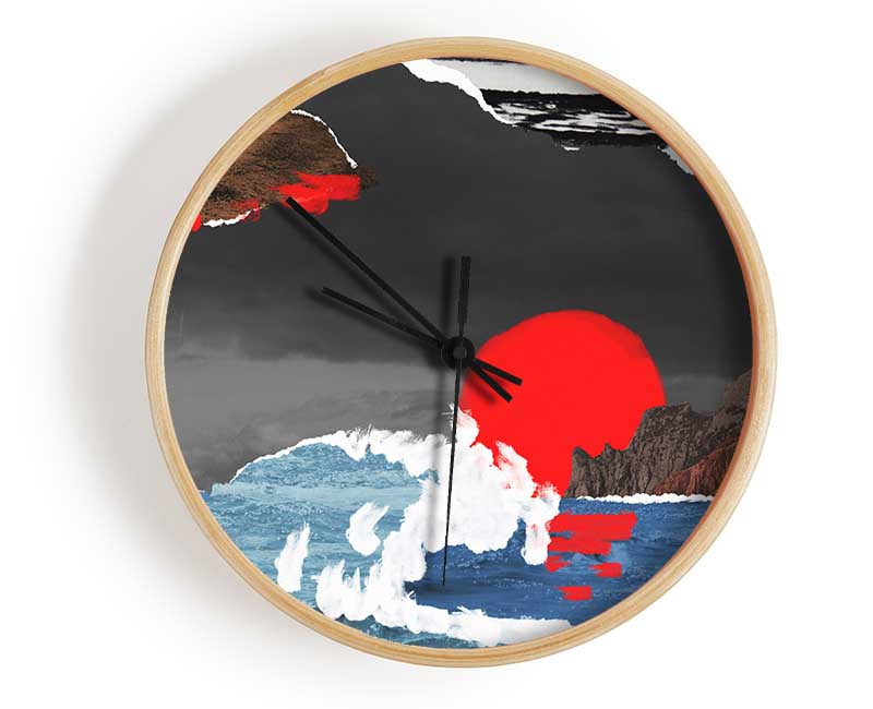 Cut Out Mountain Ocean Red Sun Clock - Wallart-Direct UK