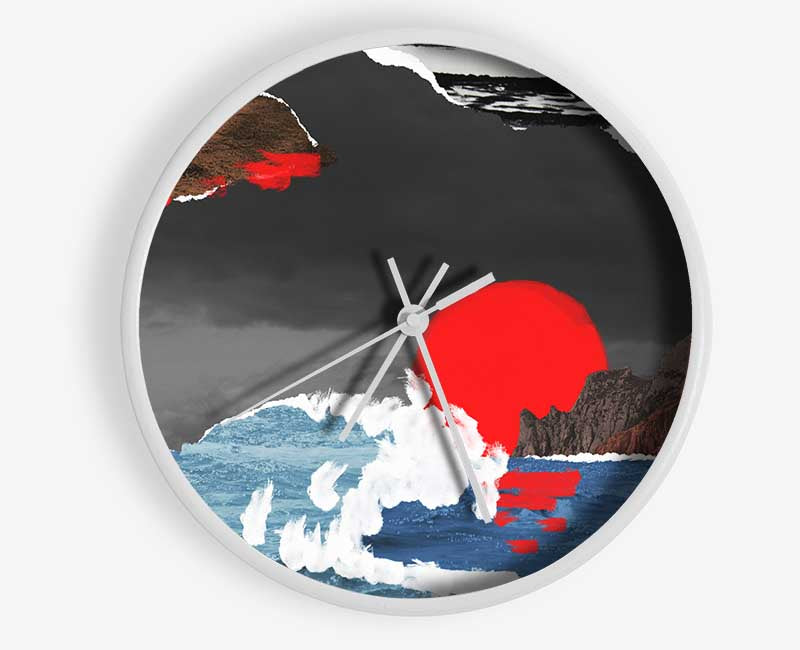 Cut Out Mountain Ocean Red Sun Clock - Wallart-Direct UK