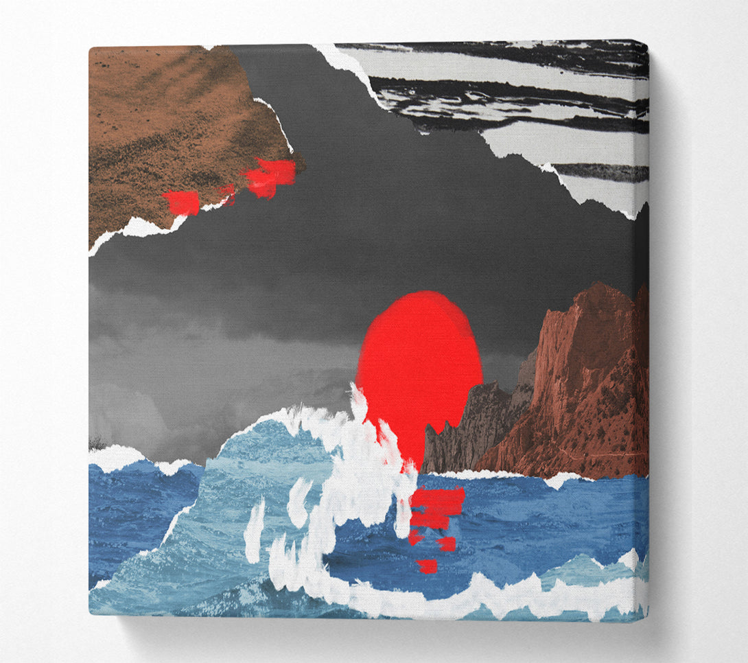 A Square Canvas Print Showing Cut Out Mountain Ocean Red Sun Square Wall Art