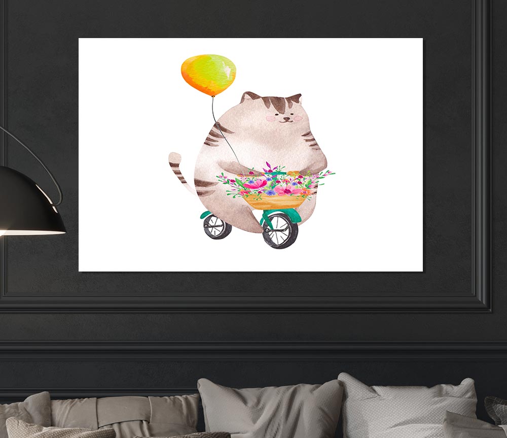 Cat Riding A Bike Print Poster Wall Art