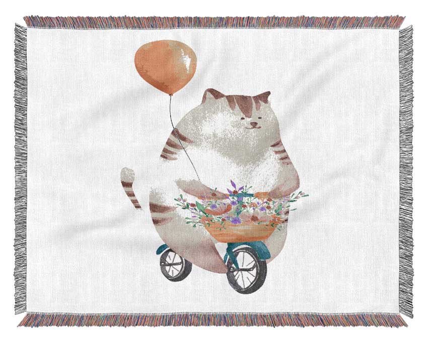 Cat Riding A Bike Woven Blanket