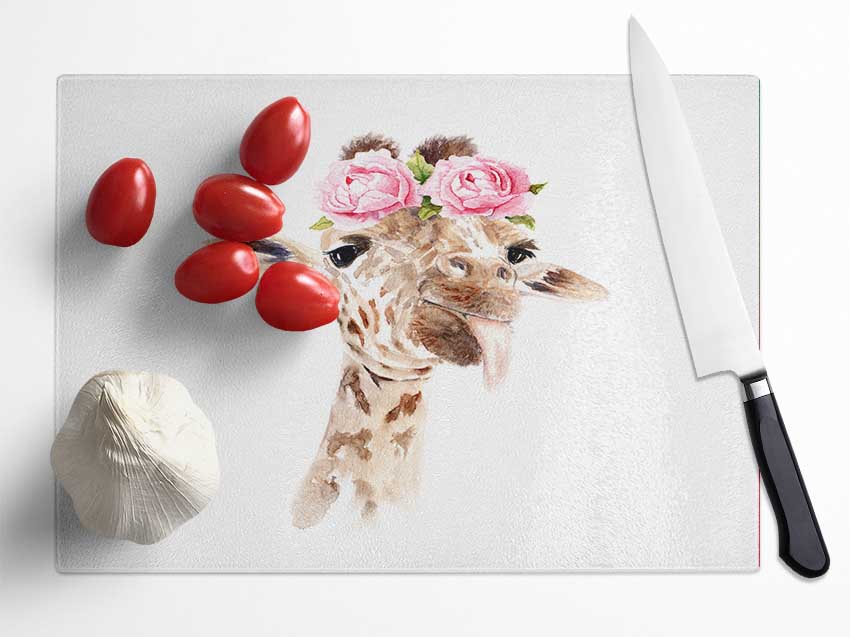 Roses On A Giraffe'S Head Glass Chopping Board