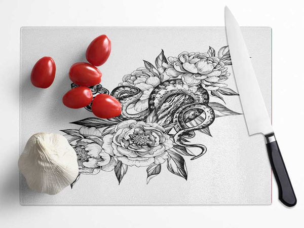 Snake Round The Flowers Glass Chopping Board