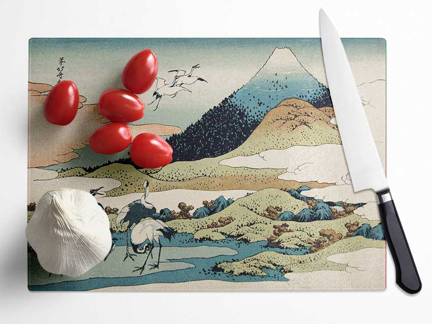 Cranes Below The Mountains Glass Chopping Board