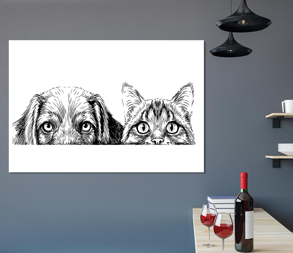 Cat And Dog Peep Print Poster Wall Art