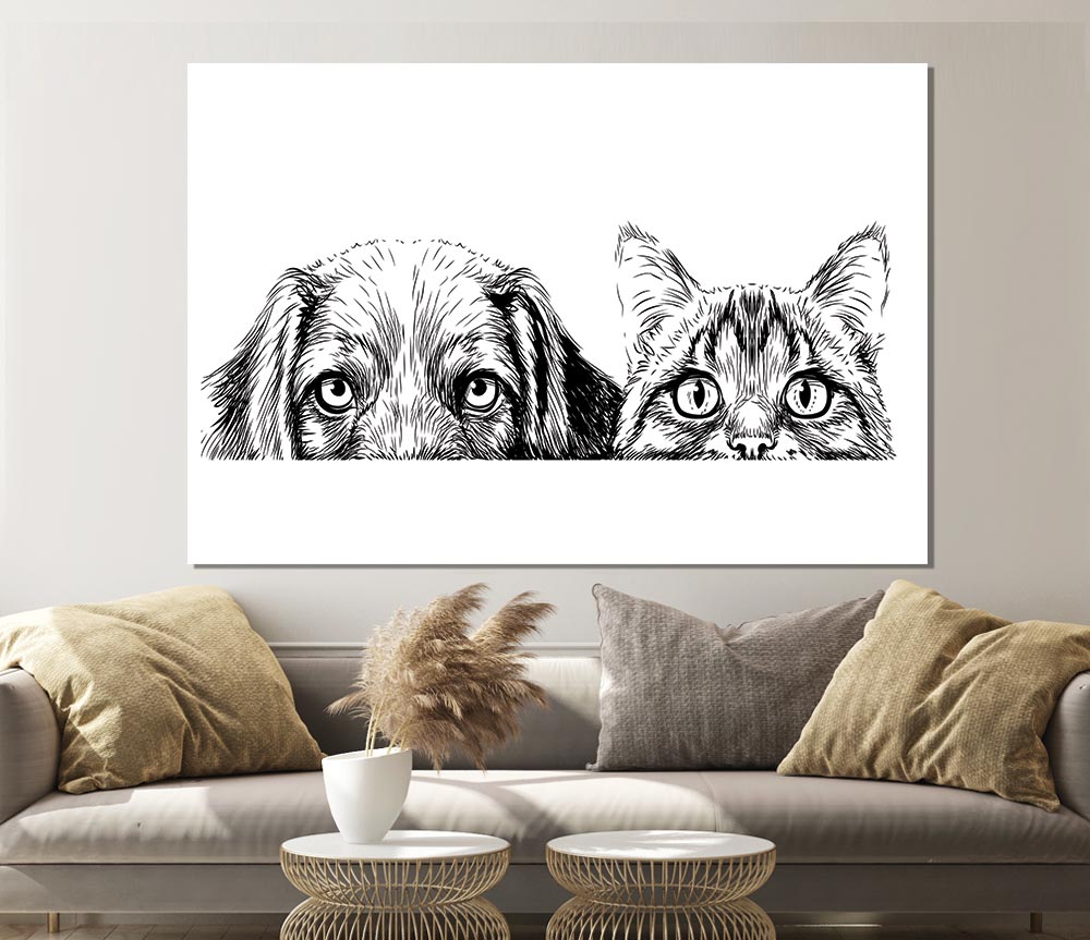 Cat And Dog Peep Print Poster Wall Art