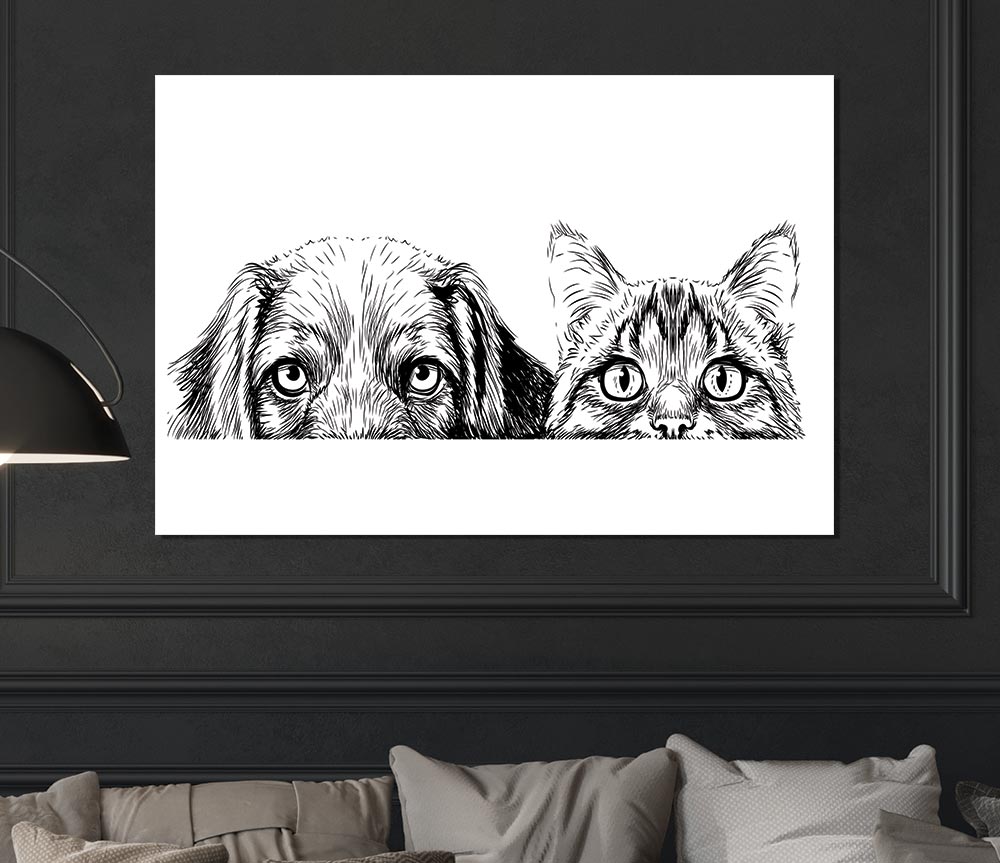 Cat And Dog Peep Print Poster Wall Art