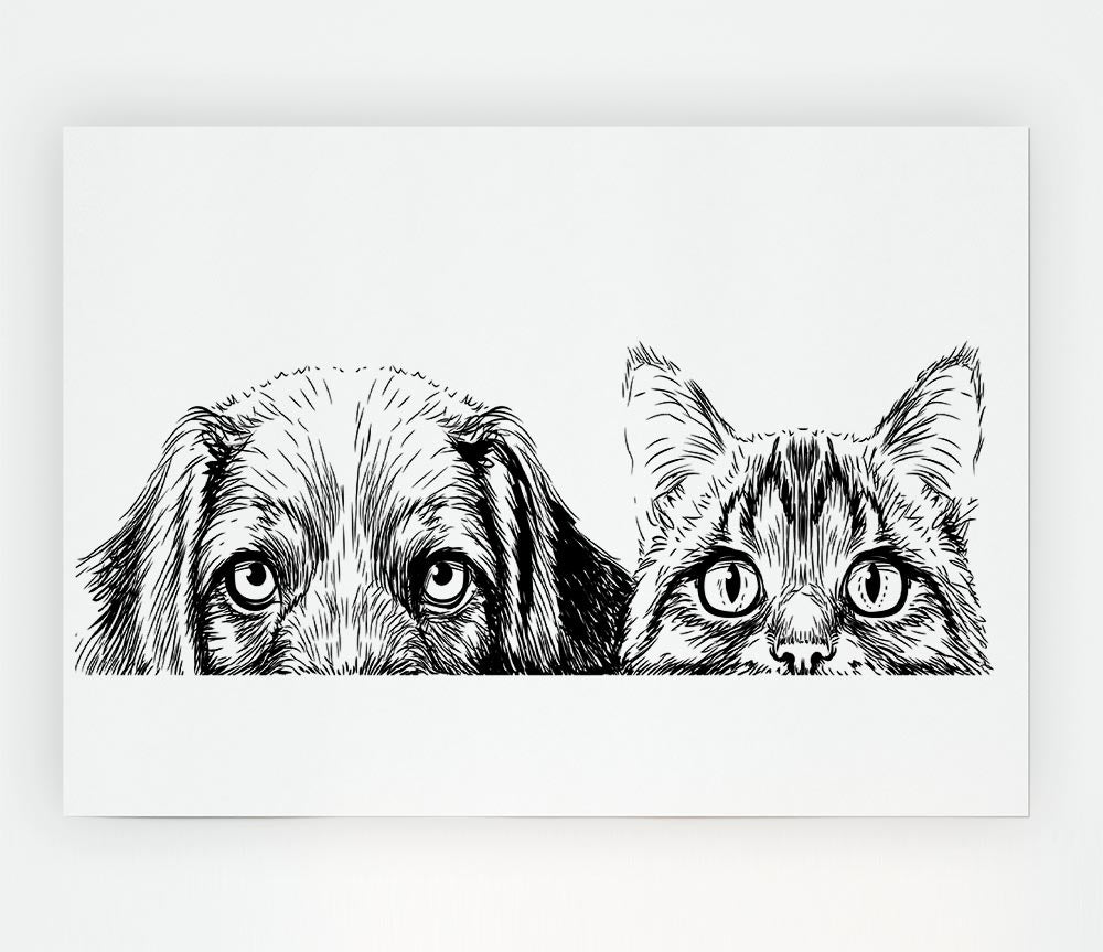 Cat And Dog Peep Print Poster Wall Art