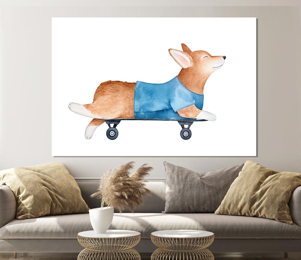 Corgi On A Skateboard Print Poster Wall Art