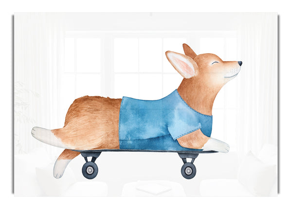 Corgi auf einem Skateboard