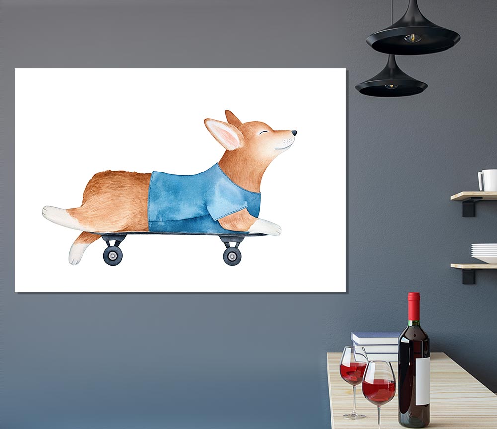 Corgi On A Skateboard Print Poster Wall Art