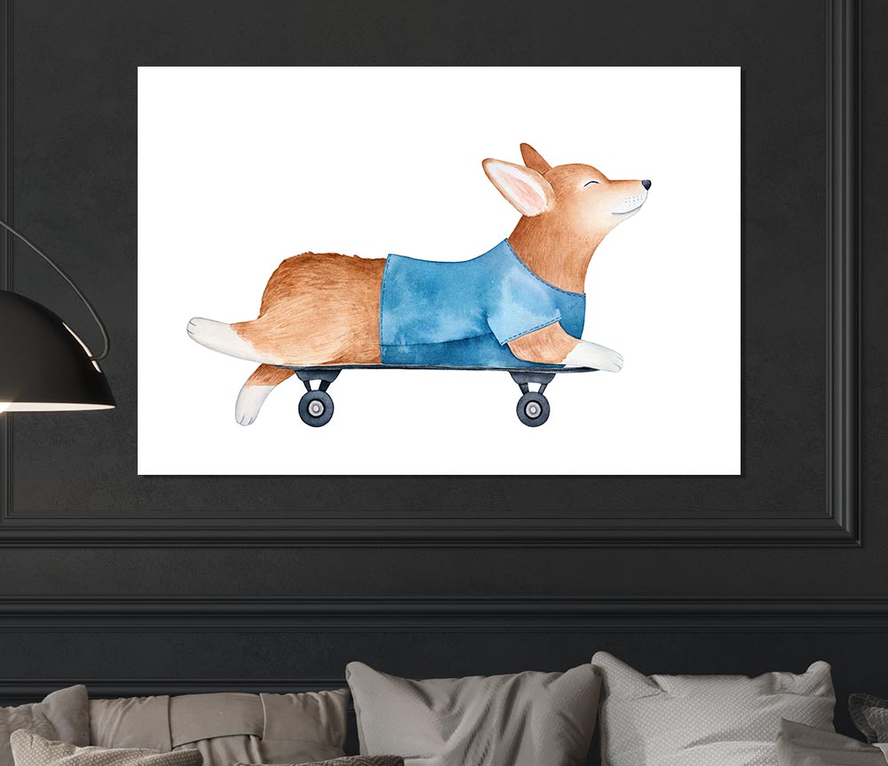 Corgi On A Skateboard Print Poster Wall Art