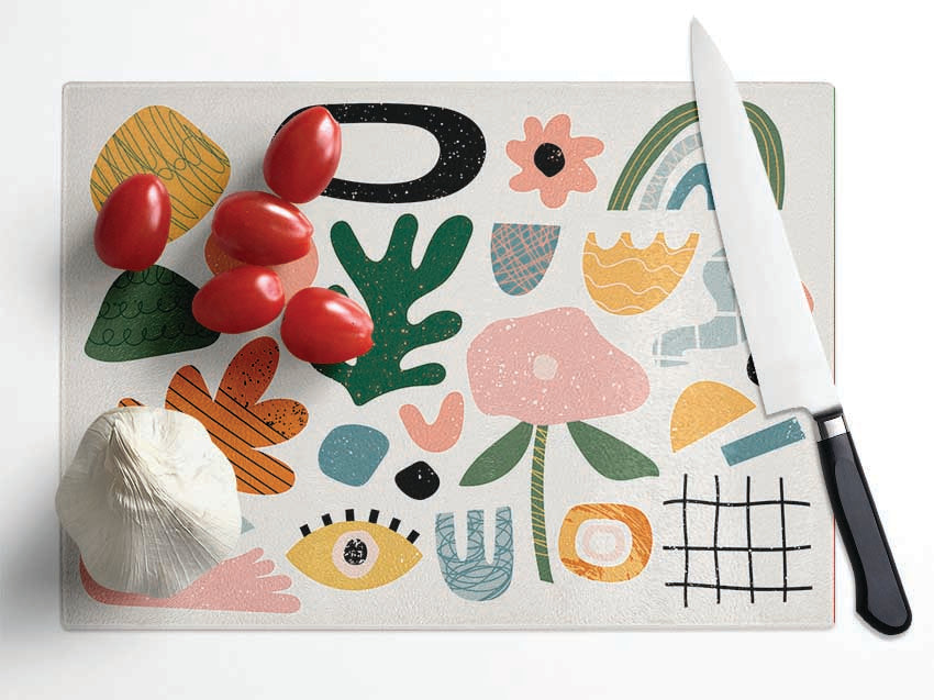 Modern Shapes And Flowers Glass Chopping Board