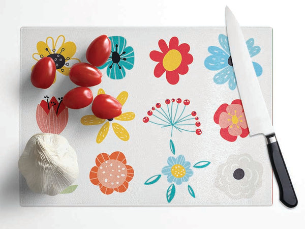 Twelve Summer Flowers Glass Chopping Board